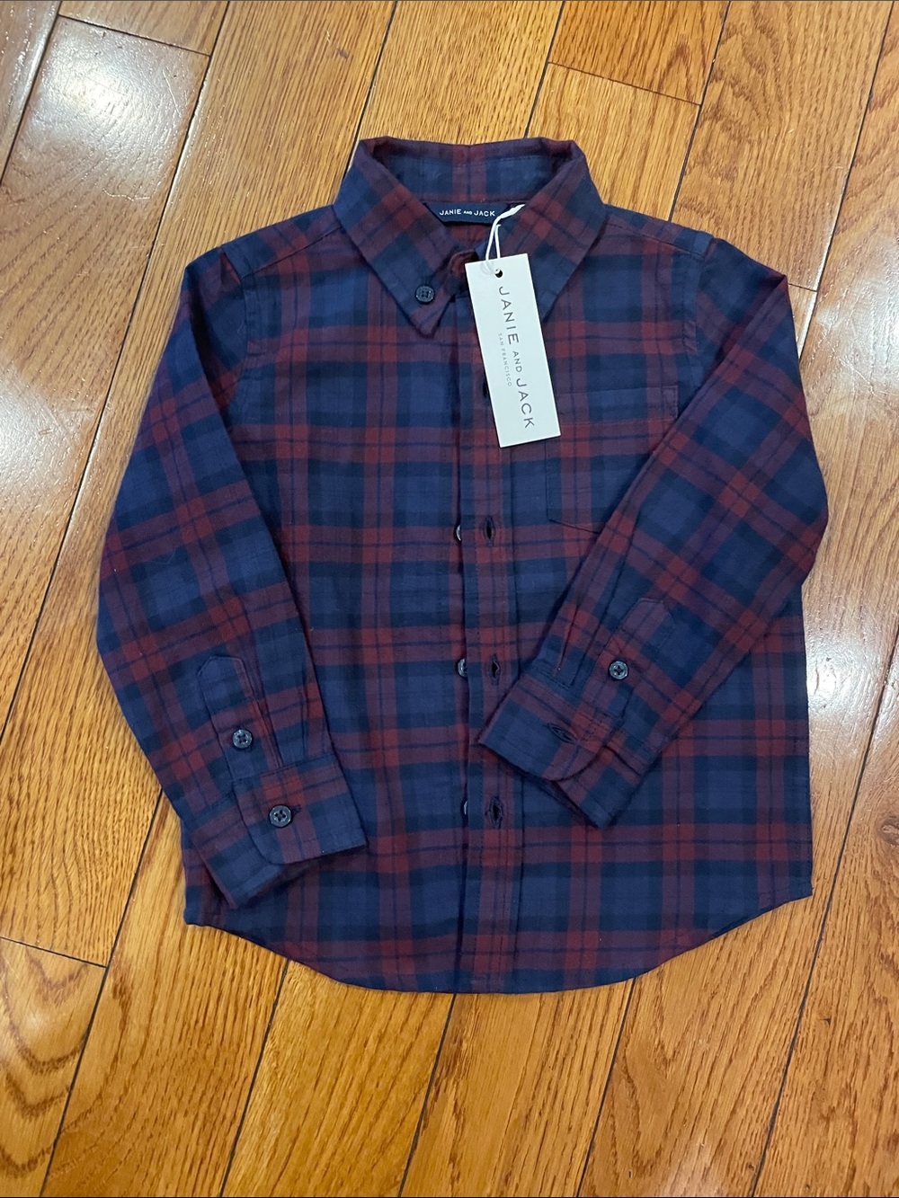 Janie and Jack Navy and Burgundy Plaid Button-Down Shirt